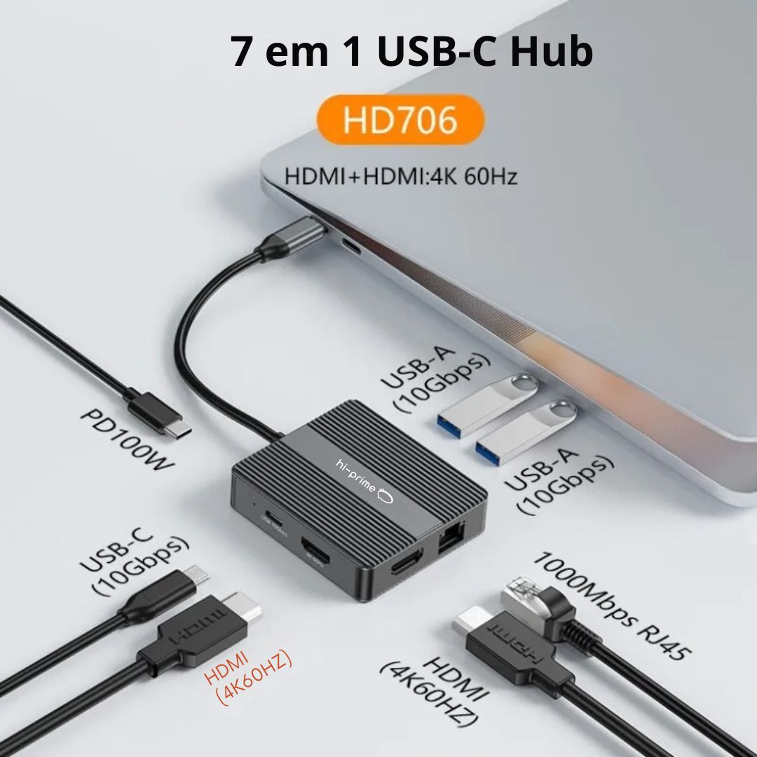 Dockstation HUB Adaptador USB-C 7 em 1 - Duplo 4K - hi-prime